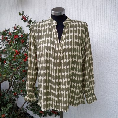 Olivgrön Beige Mönstrad Blus Lång Ärm